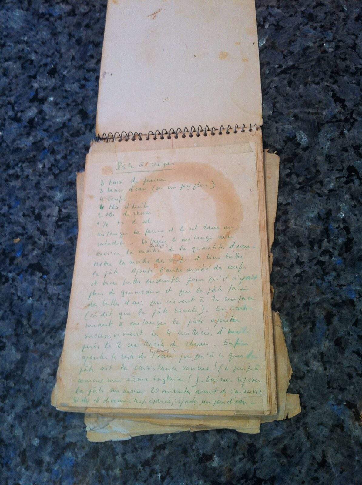 A notepad with the original crepe recipe as written by my French mother.