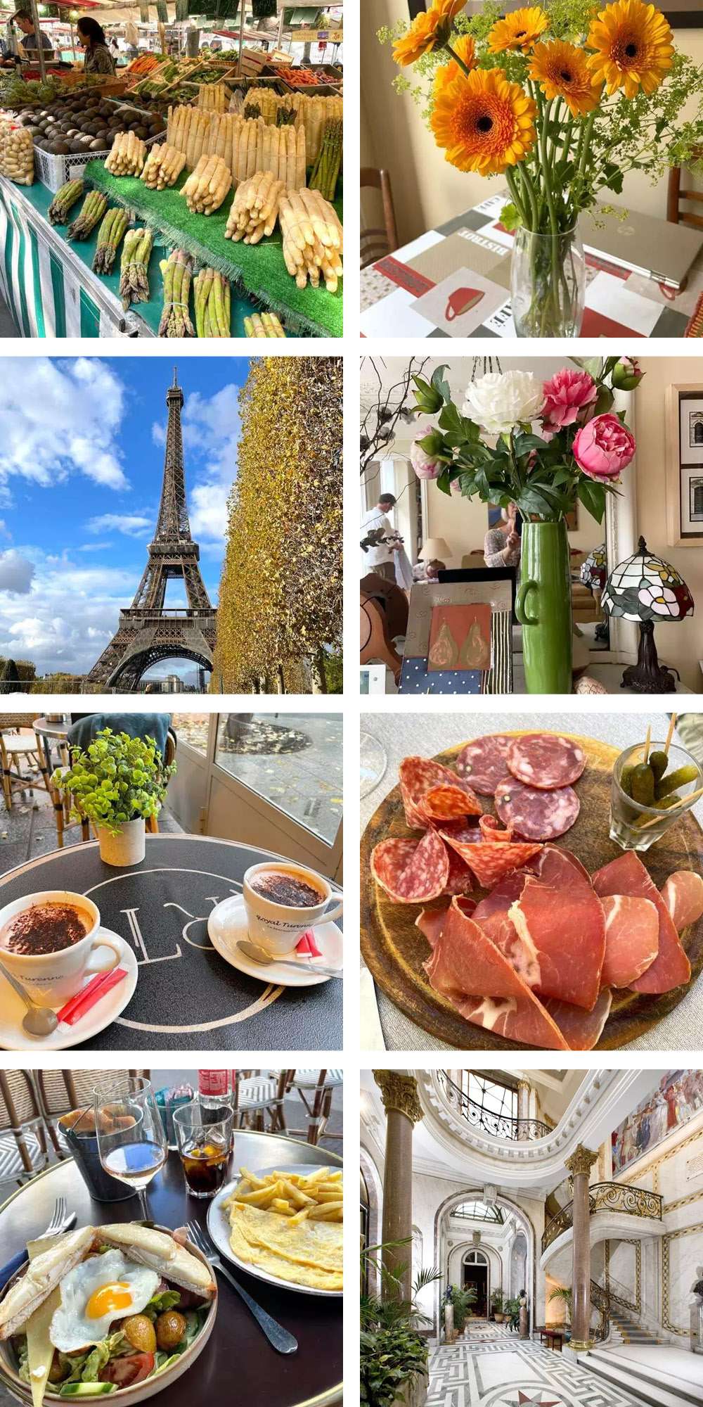 A photo collage of Parisian food, landmarks, and lifestyle by American author Marty Almquist.