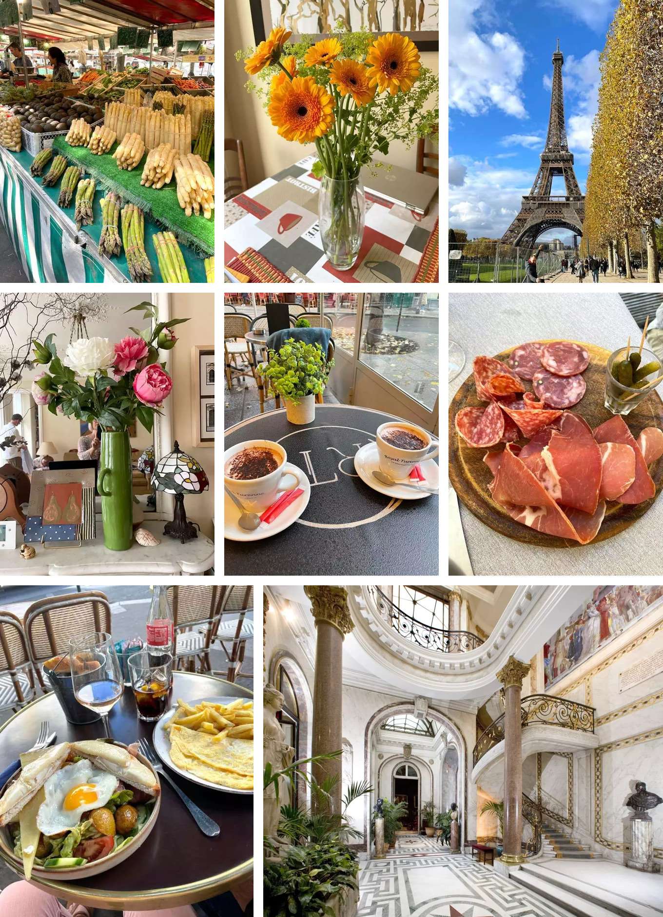 A photo collage of Parisian food, landmarks, and lifestyle by American author Marty Almquist.